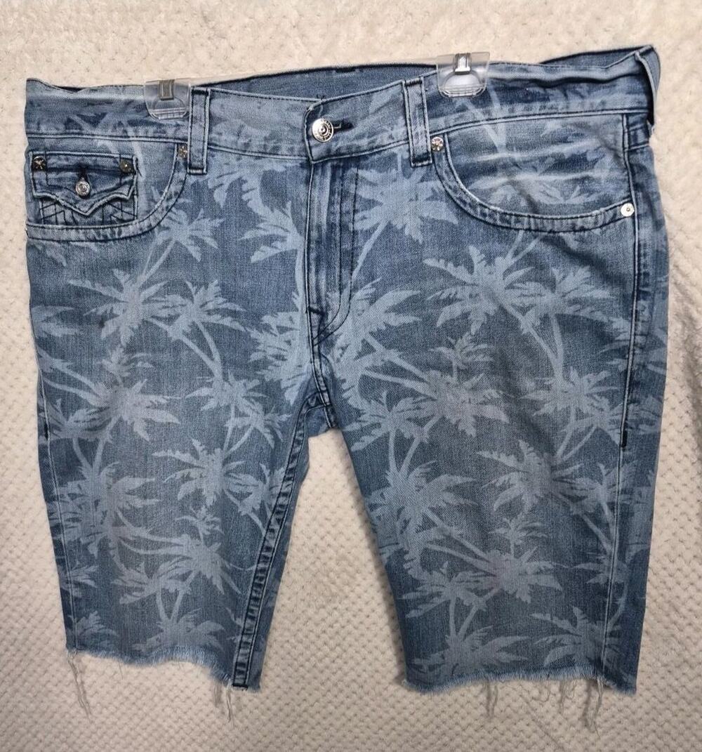 True Religion Mens 42 Denim Shorts Palm Tree Print Straight Cutoff Blue Jean